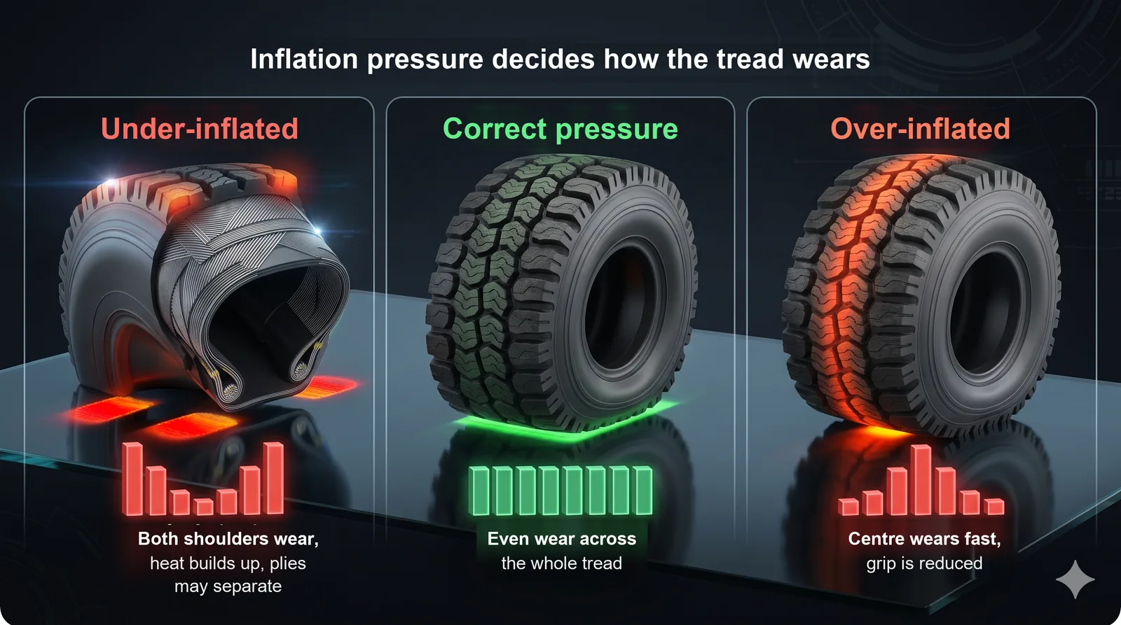 Tread wear pattern diagram for under-inflated, correctly inflated and over-inflated tyres