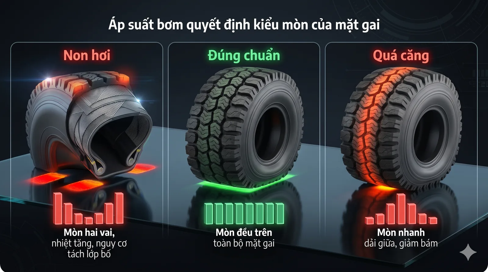 Biểu đồ kiểu mòn mặt gai khi lốp non hơi, đúng áp suất và quá căng