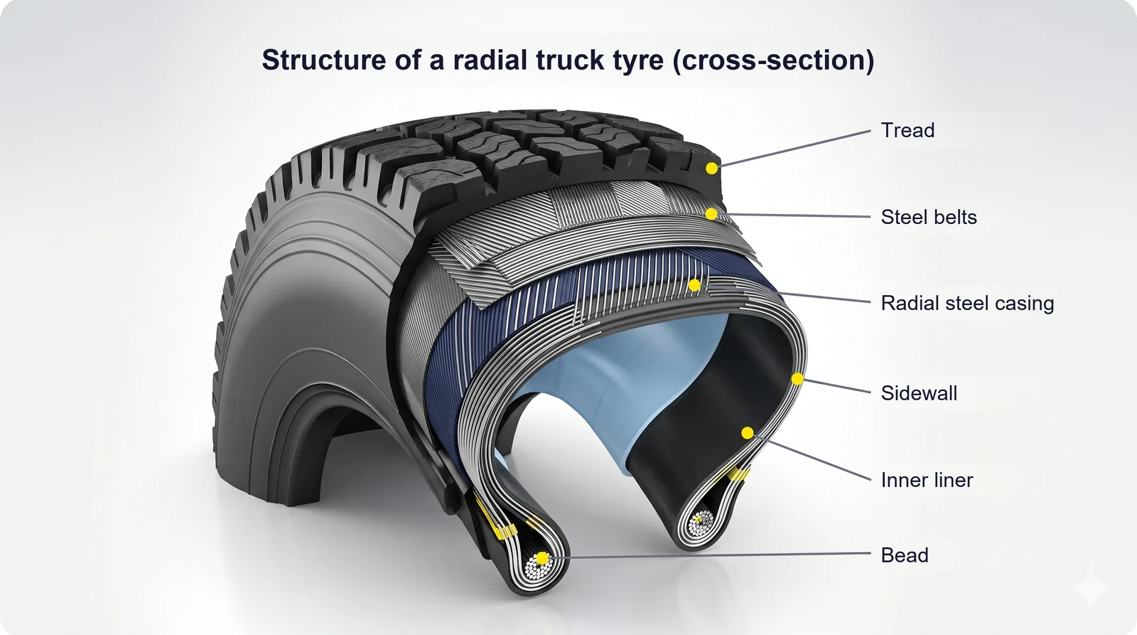 Cross-section diagram of a radial truck tyre showing the tread, steel belts, steel casing ply, sidewall and bead