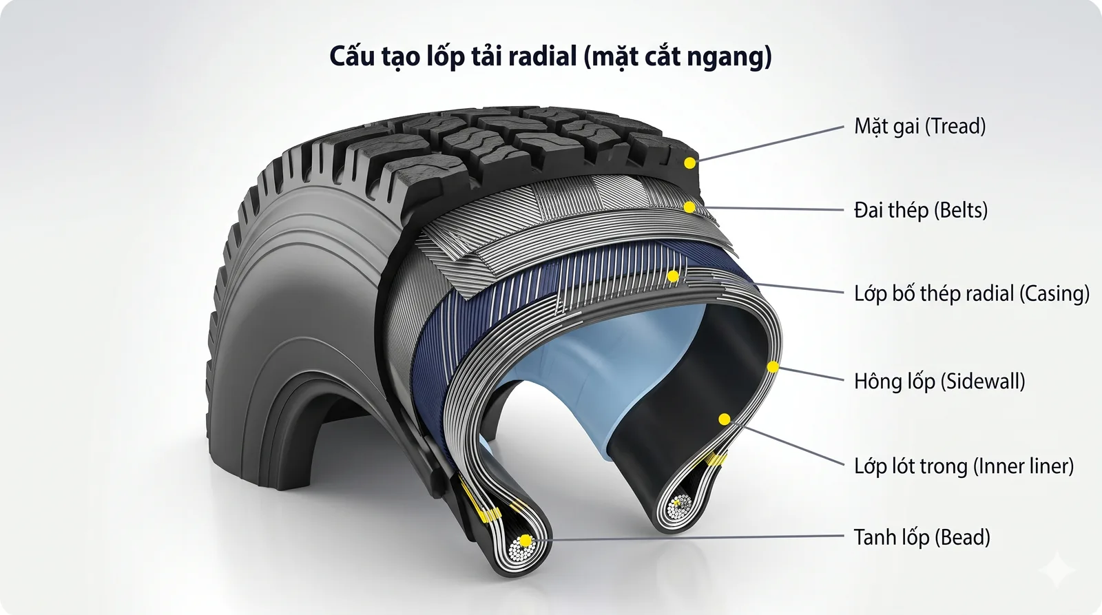 Sơ đồ mặt cắt ngang lốp xe tải radial với mặt gai, đai thép, lớp bố thép, hông lốp và tanh lốp