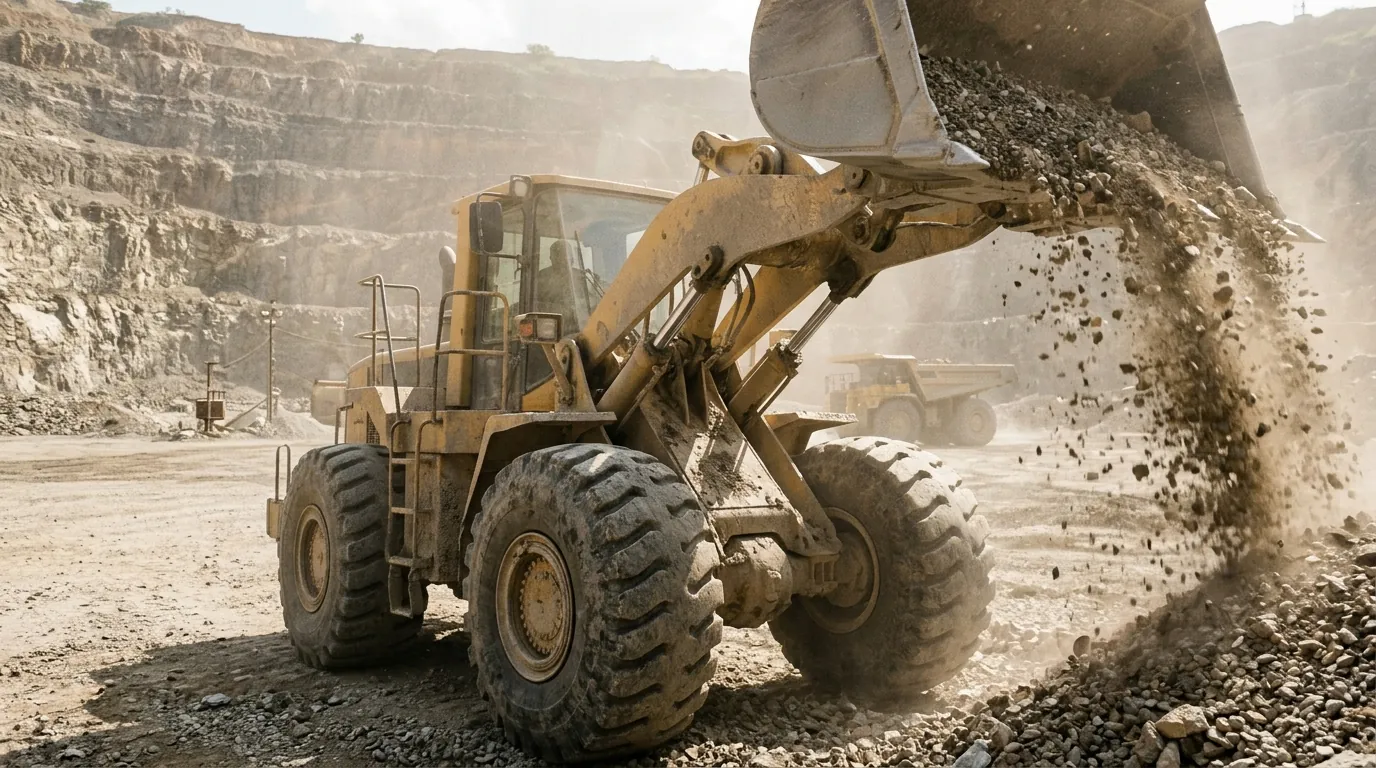 Xe xúc lật nâng đá trong mỏ lộ thiên, lốp OTR cỡ lớn