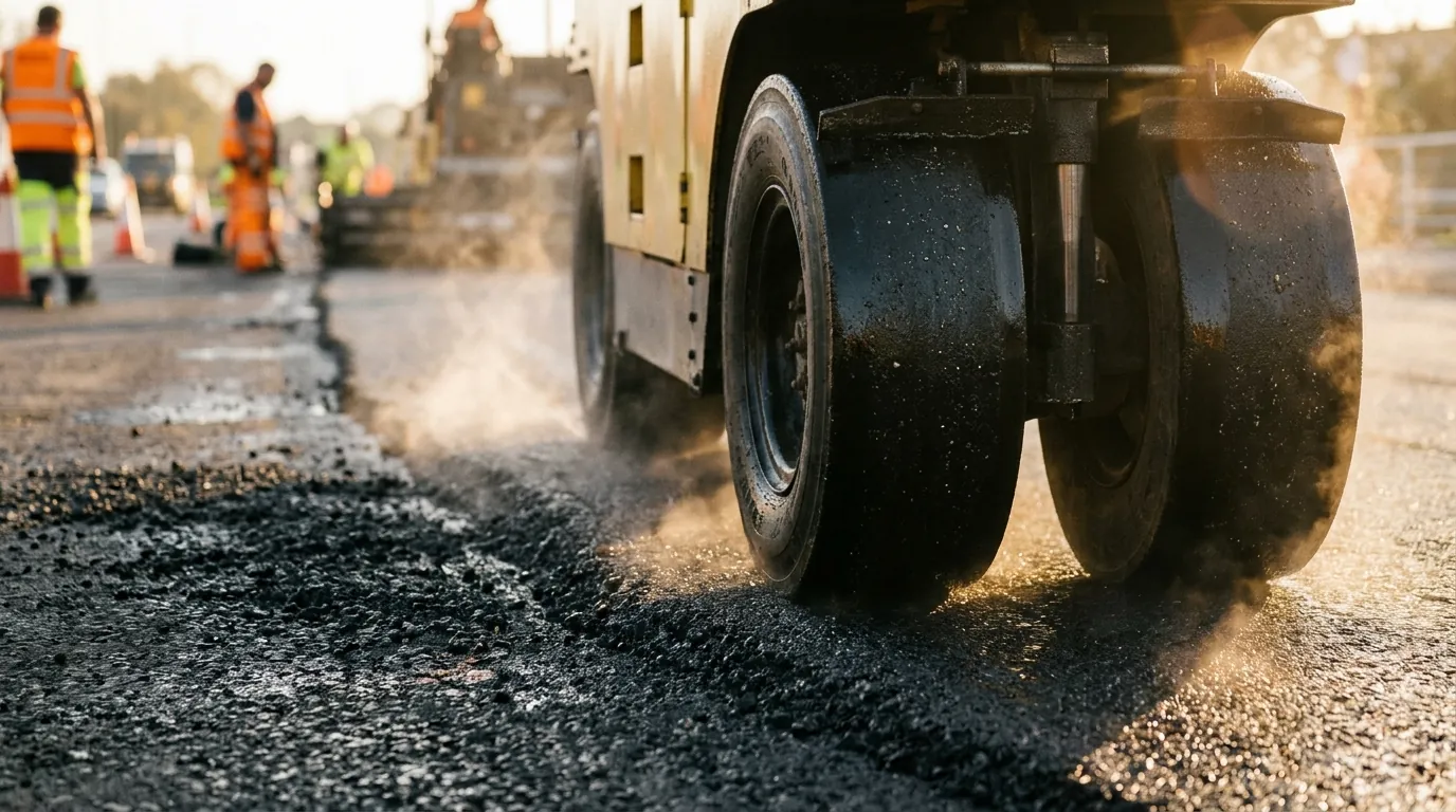 Xe lu bánh lốp đầm nhựa asphalt nóng trên công trường