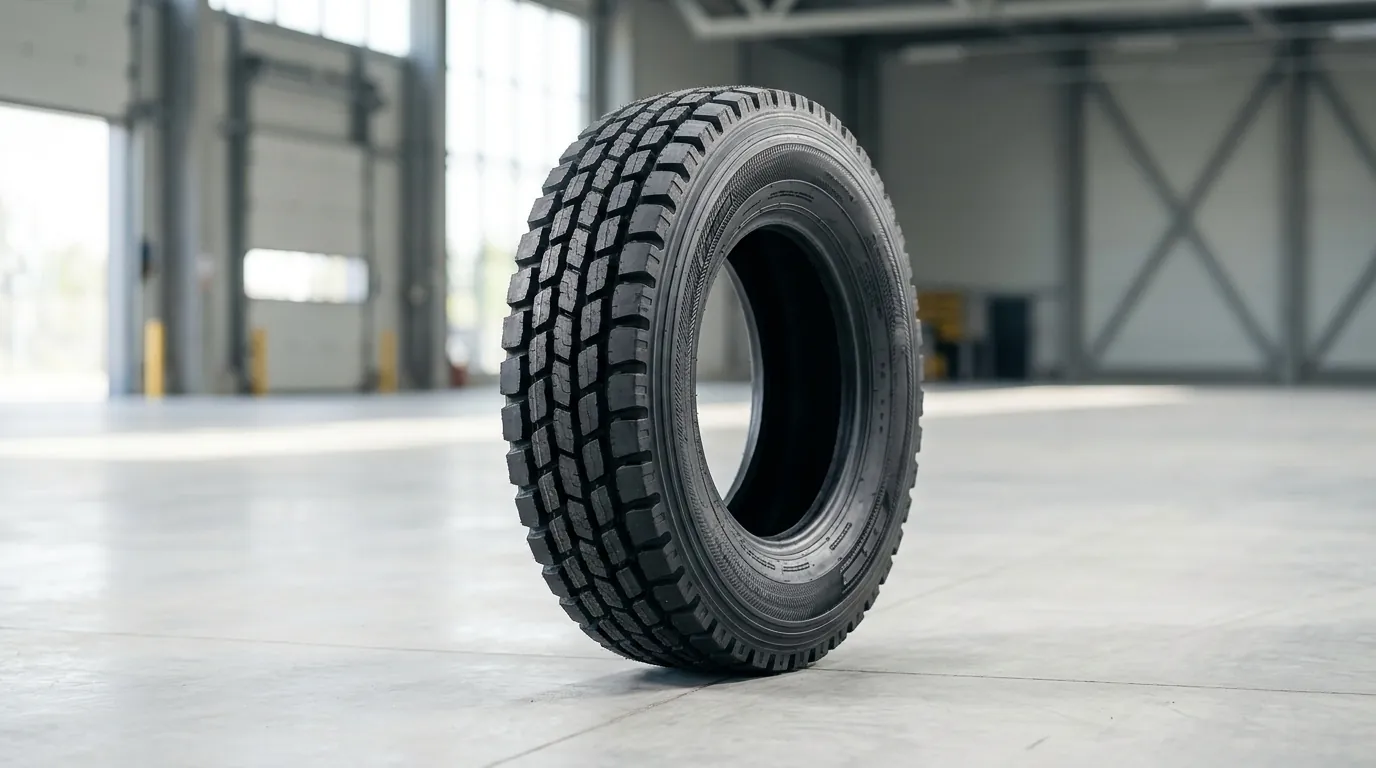Lốp xe tải radial mới đặt trên nền bê tông trong xưởng