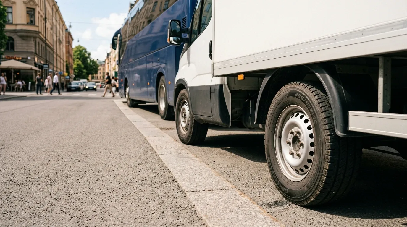 Light truck and coach parked on a street with radial tyres in clear view