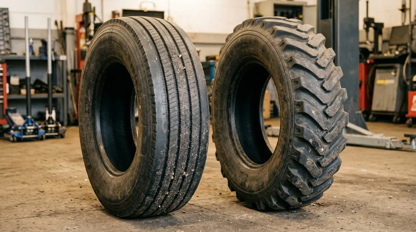 Hai lốp xe tải đặt cạnh nhau trong xưởng để so sánh hoa gai