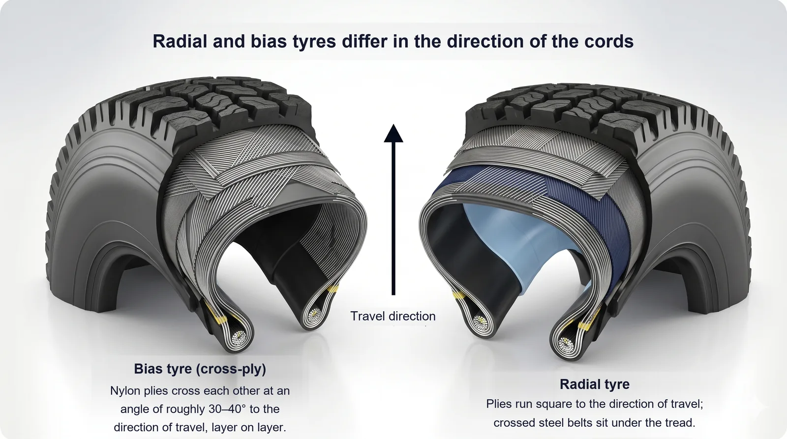 Comparison of ply cord direction in bias and radial tyres