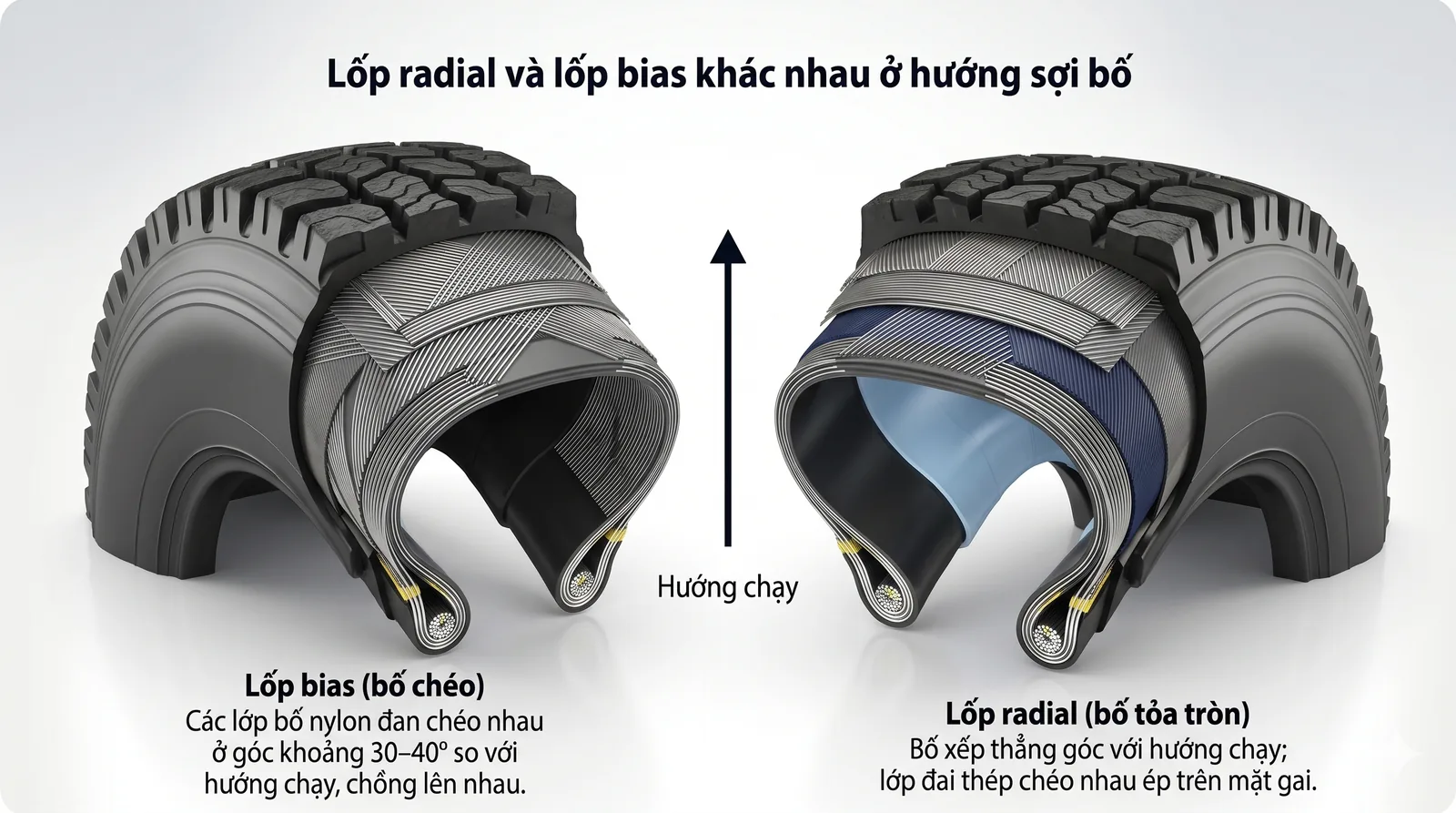 So sánh hướng sợi bố của lốp bias và lốp radial