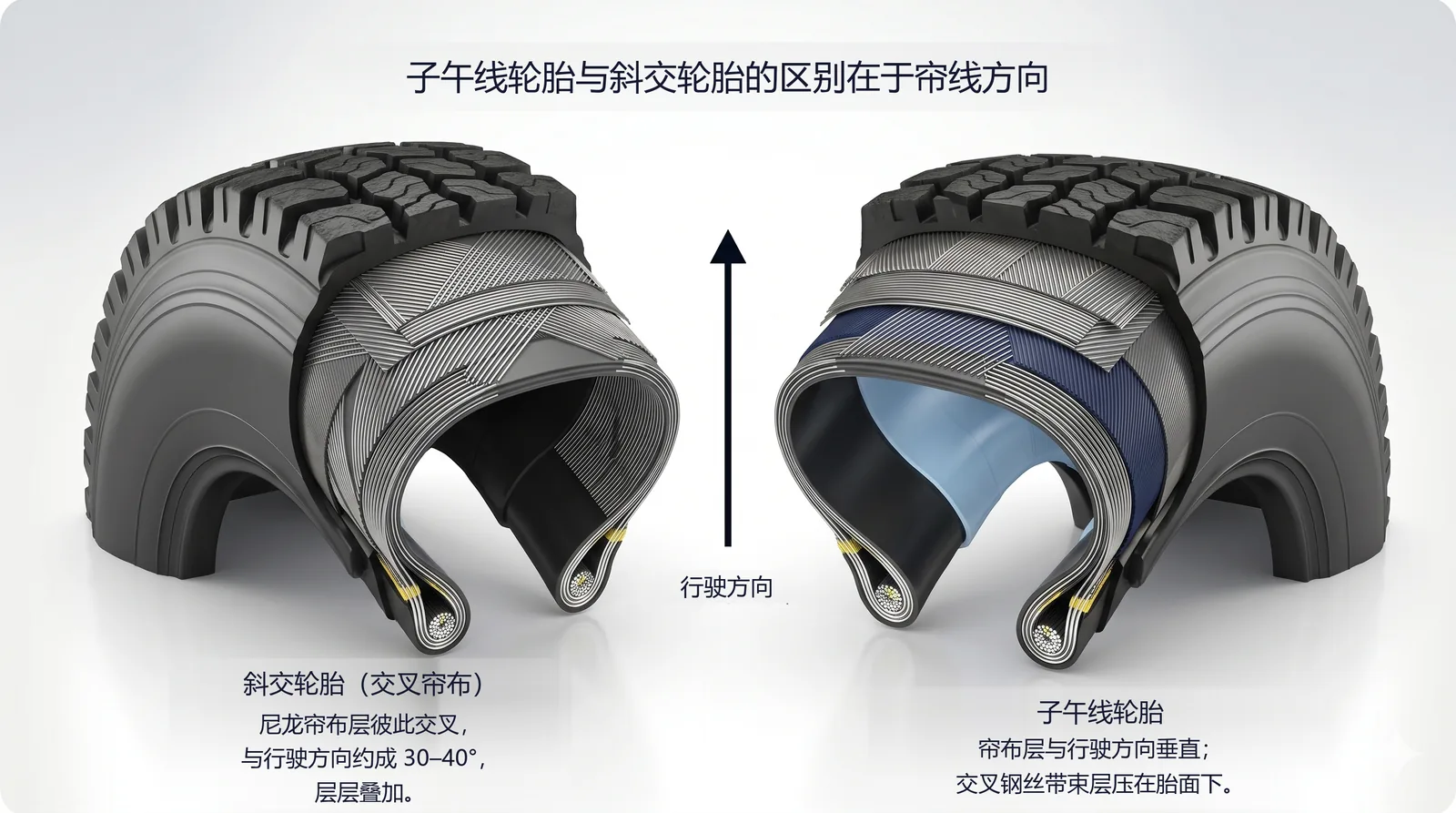 斜交轮胎与子午线轮胎帘线方向对比