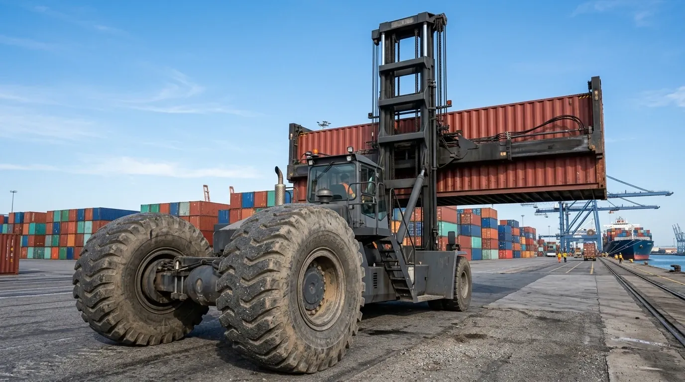 Xe gắp container nâng container tại bến cảng